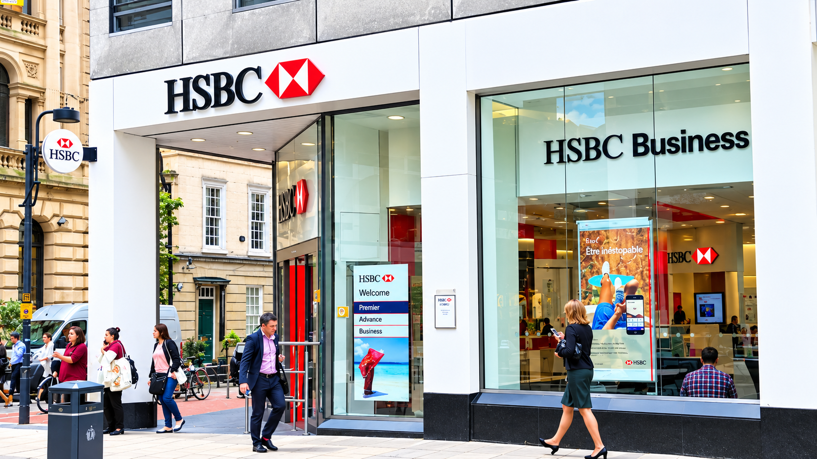 Agence HSBC en centre-ville avec vitrine HSBC Business